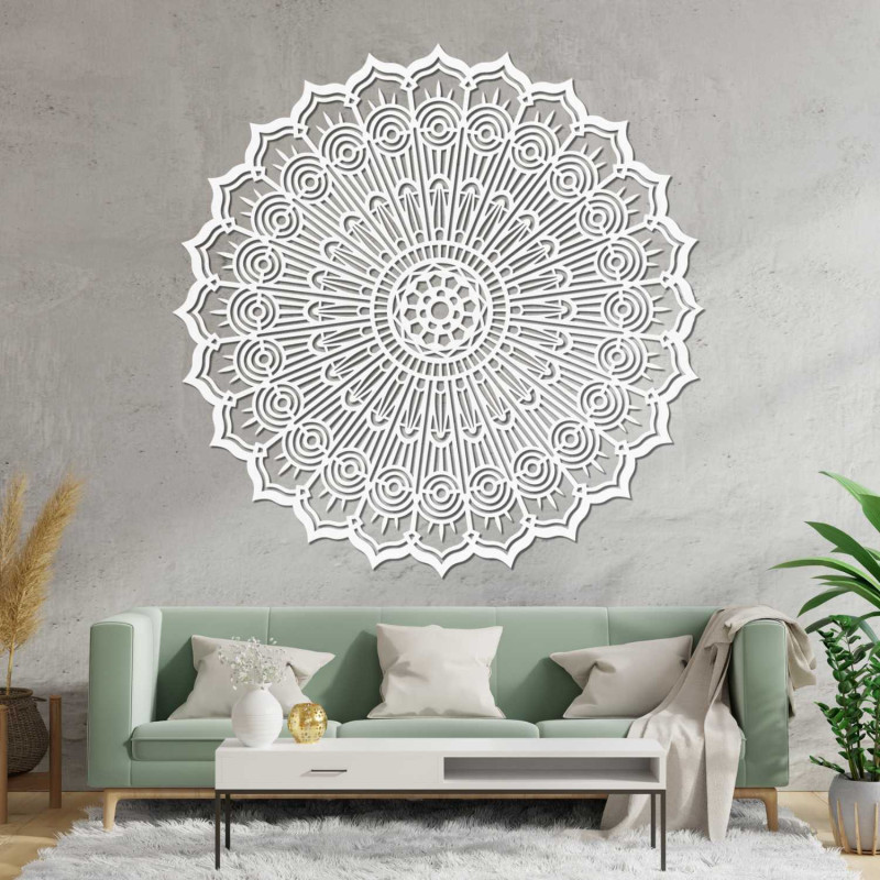 Modern 3D wooden mandala for the wall with a precise cutout. Stylish decoration for the living room for a cozy and visually bala