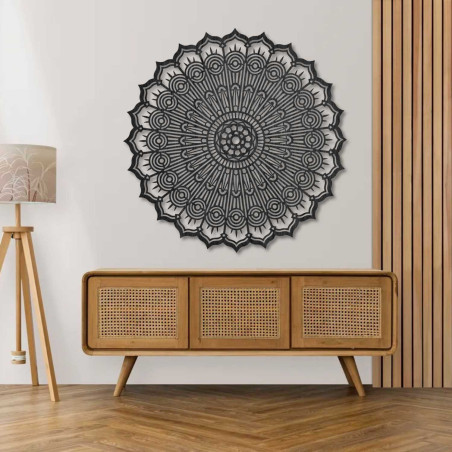 Modern 3D wooden mandala for the wall with a precise cutout. Stylish decoration for the living room for a cozy and visually bala