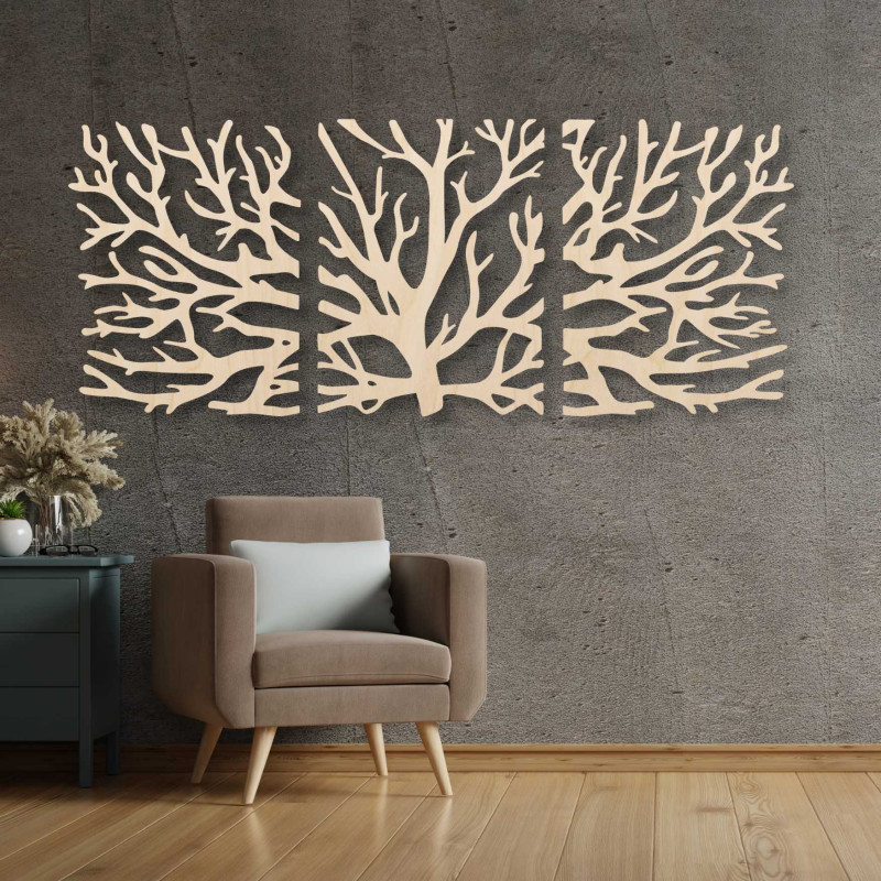 Three-piece tree wall decoration - a combination of modern and natural design.