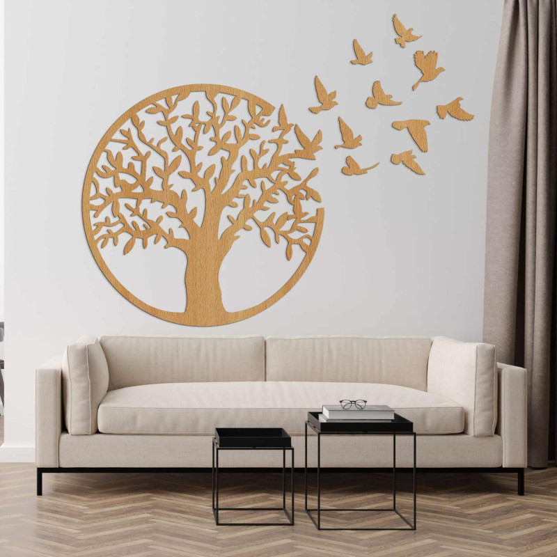 Black wooden Tree of Life with flying birds as a 3D decoration in the living room
