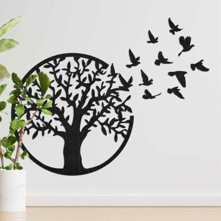 Black wooden Tree of Life with flying birds as a 3D decoration in the living room