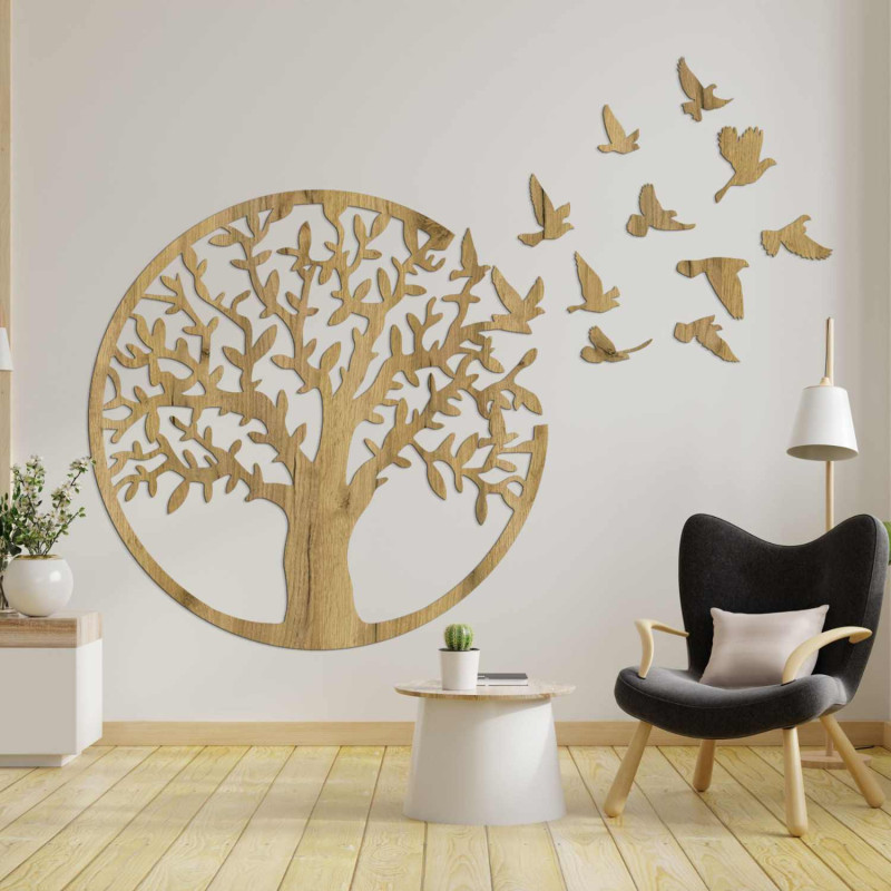 Black wooden Tree of Life with flying birds as a 3D decoration in the living room