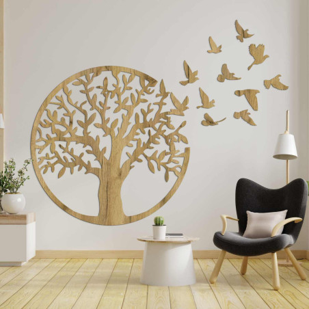 Black wooden Tree of Life with flying birds as a 3D decoration in the living room