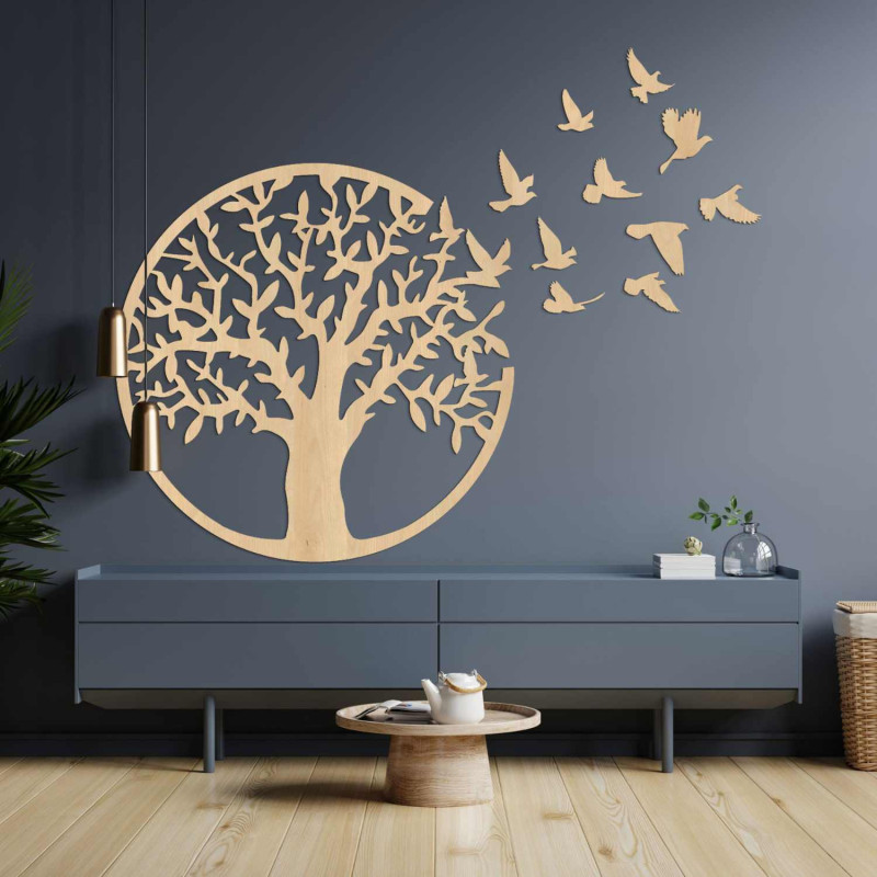 Black wooden Tree of Life with flying birds as a 3D decoration in the living room