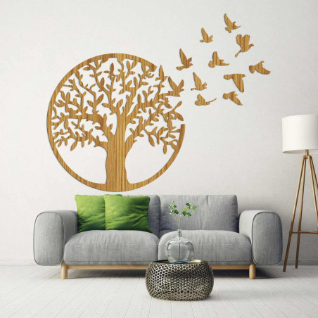 Black wooden Tree of Life with flying birds as a 3D decoration in the living room