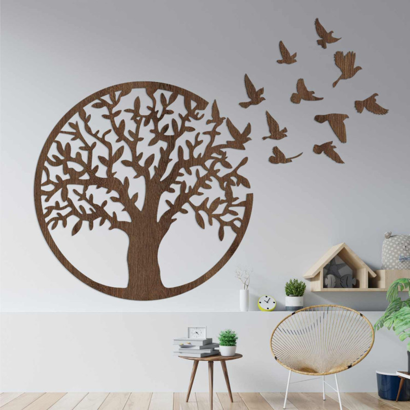 Wall-mounted 3D Tree of Life and a flock of birds carved from black HDF board