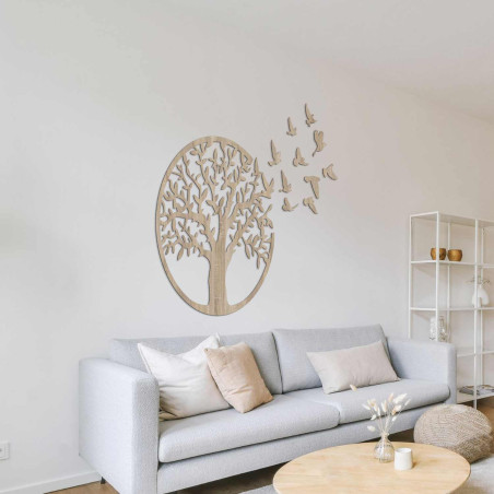 Wall-mounted 3D Tree of Life and a flock of birds carved from black HDF board