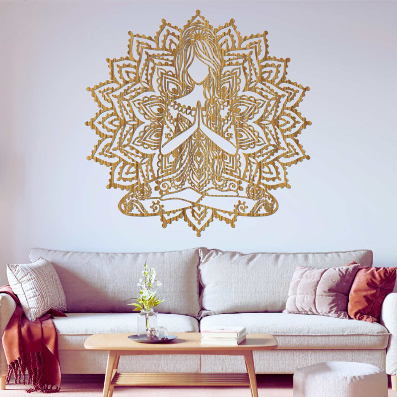 Mandala with a yoga woman made of wood - a harmonious decoration for a modern home.