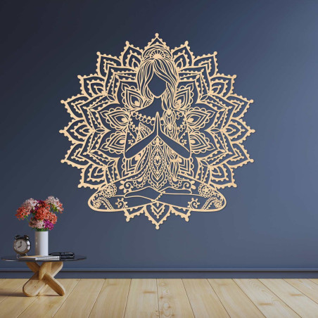 Mandala with a yoga woman made of wood - a harmonious decoration for a modern home.