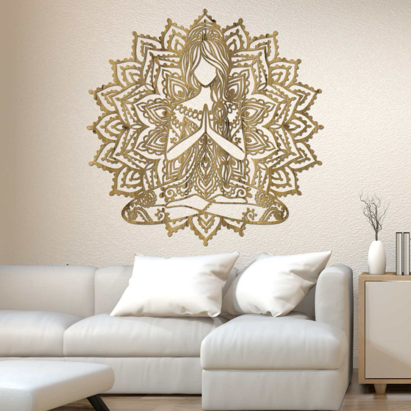 Mandala with a yoga woman made of wood - a harmonious decoration for a modern home.