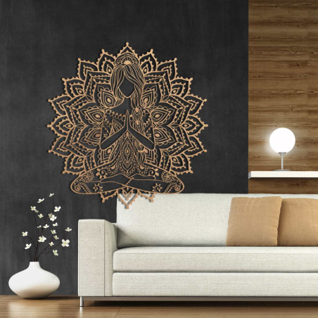 Designer wooden mandala with a yoga motif - 3D wall decoration for the living room with a harmonious effect.