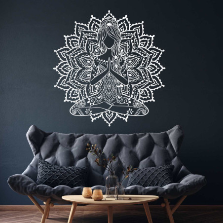Designer wooden mandala with a yoga motif - 3D wall decoration for the living room with a harmonious effect.