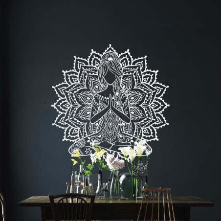 Designer wooden mandala with a yoga motif - 3D wall decoration for the living room with a harmonious effect.