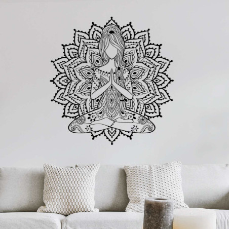 Designer wooden mandala with a yoga motif - 3D wall decoration for the living room with a harmonious effect.