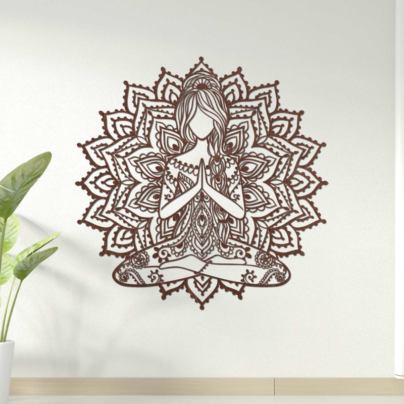 Designer wooden mandala with a yoga motif - 3D wall decoration for the living room with a harmonious effect.