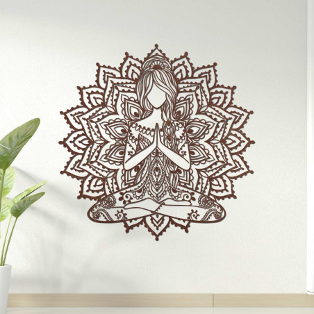 Designer wooden mandala with a yoga motif - 3D wall decoration for the living room with a harmonious effect.