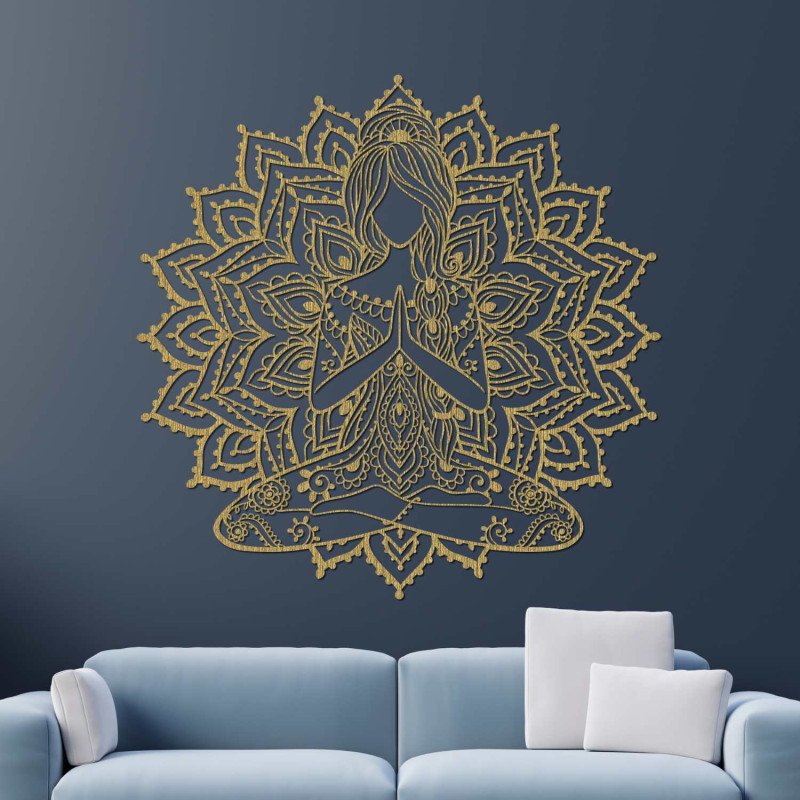 Elegant wooden mandala yoga woman on the wall - a stylish addition to the living room for modern design and balance.