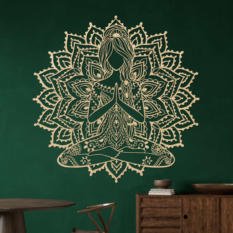Elegant wooden mandala yoga woman on the wall - a stylish addition to the living room for modern design and balance.