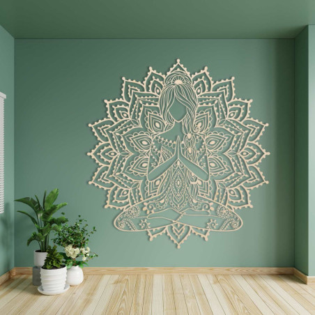 Elegant wooden mandala yoga woman on the wall - a stylish addition to the living room for modern design and balance.