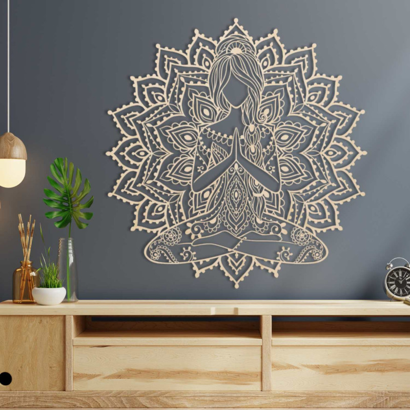Elegant wooden mandala yoga woman on the wall - a stylish addition to the living room for modern design and balance.
