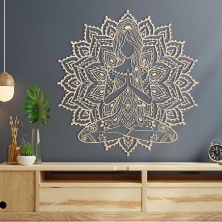 Elegant wooden mandala yoga woman on the wall - a stylish addition to the living room for modern design and balance.
