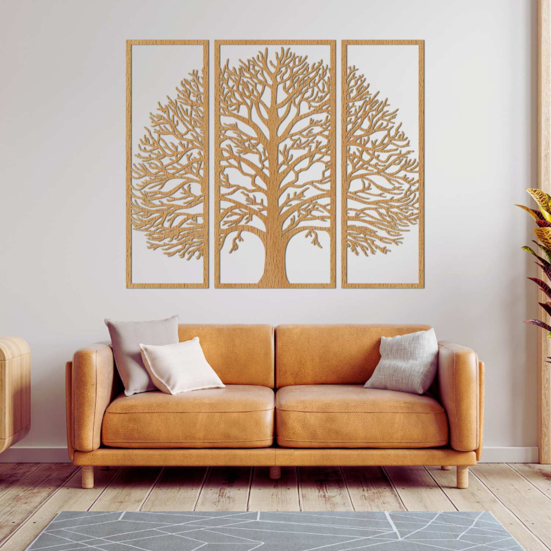 Wooden three-part painting Tree of Life in black with precise 3D cutout.