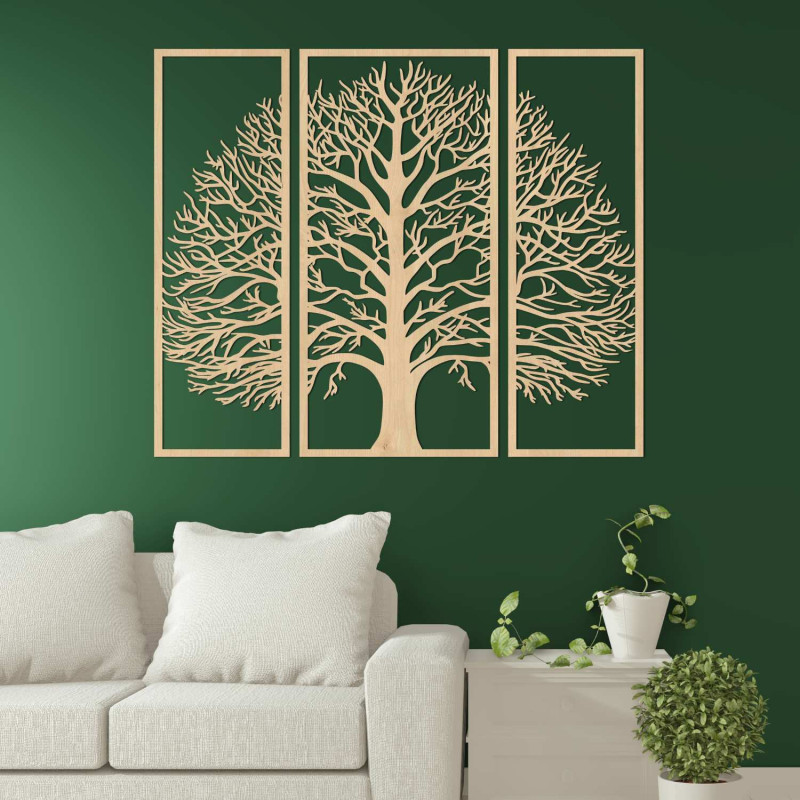 Wall triptych Tree of Life carved from black HDF board with detailed branching.