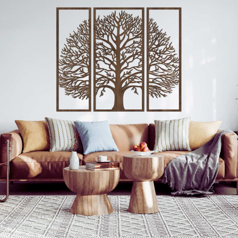 Wall triptych Tree of Life carved from black HDF board with detailed branching.