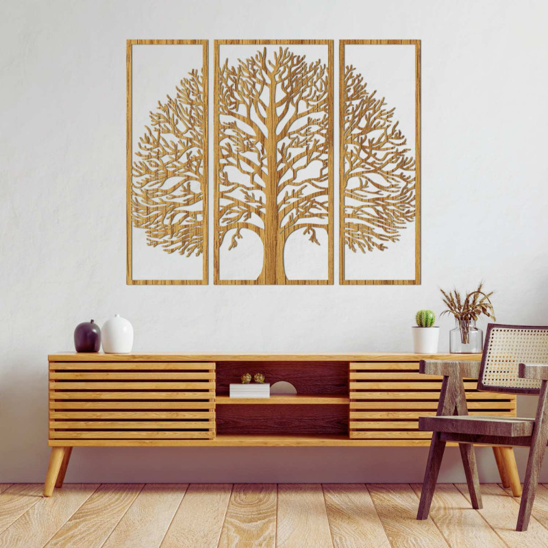 Modern black wall decoration in the shape of a tree divided into three panels.