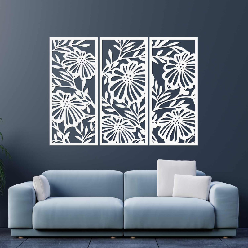 Three-piece wooden picture of flowers - modern wall decoration for the living room with a natural motif.