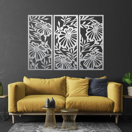 Three-piece wooden picture of flowers - modern wall decoration for the living room with a natural motif.