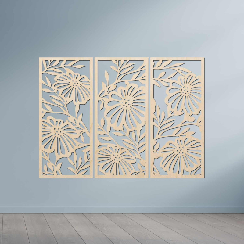 Wooden flower painting in three parts - elegant wall decoration for a modern interior.