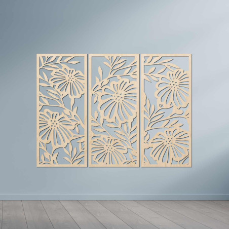 Wooden flower painting in three parts - elegant wall decoration for a modern interior.