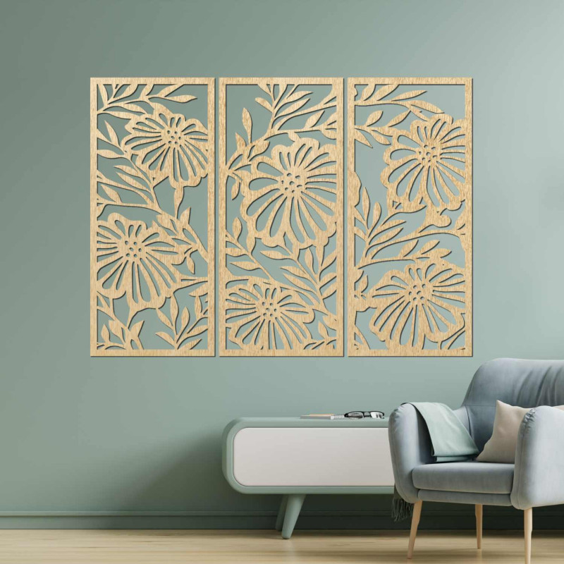 Wooden flower painting in three parts - elegant wall decoration for a modern interior.