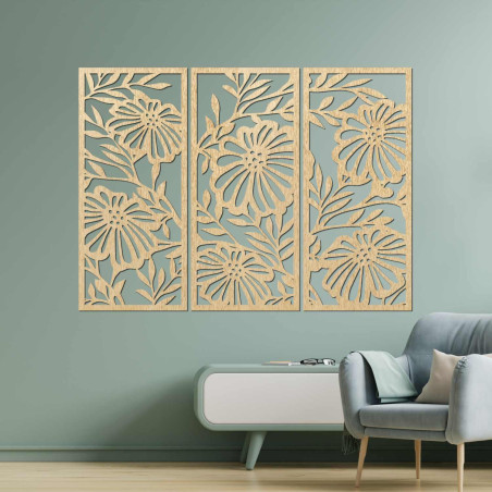 Wooden flower painting in three parts - elegant wall decoration for a modern interior.