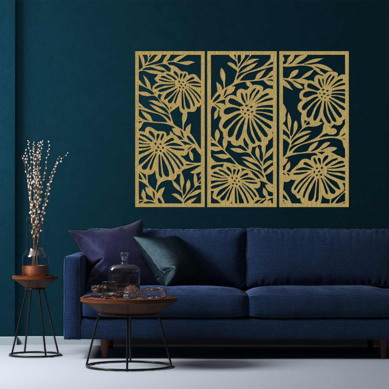 Wooden flower painting in three parts - elegant wall decoration for a modern interior.