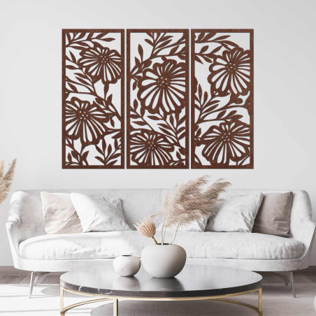 Wooden flower painting in three parts - elegant wall decoration for a modern interior.