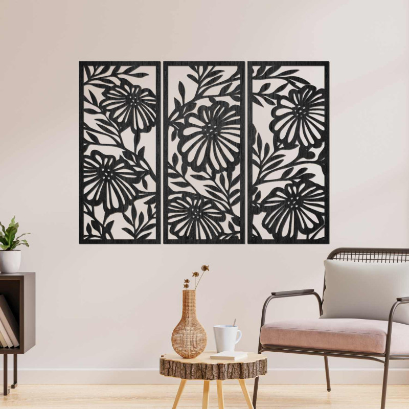 Wooden flower painting in three parts - elegant wall decoration for a modern interior.