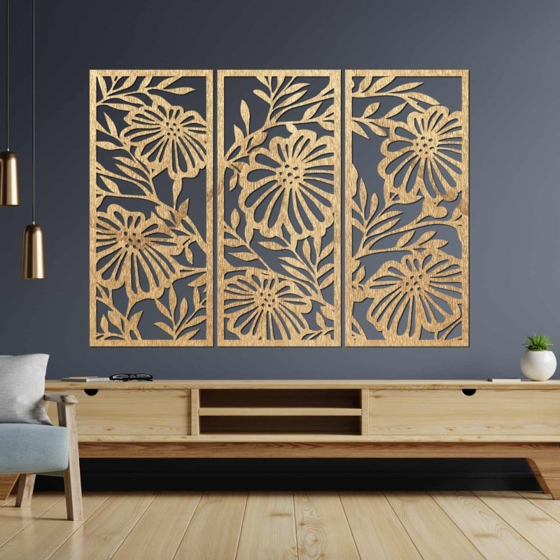 Wooden flower painting in three parts - elegant wall decoration for a modern interior.