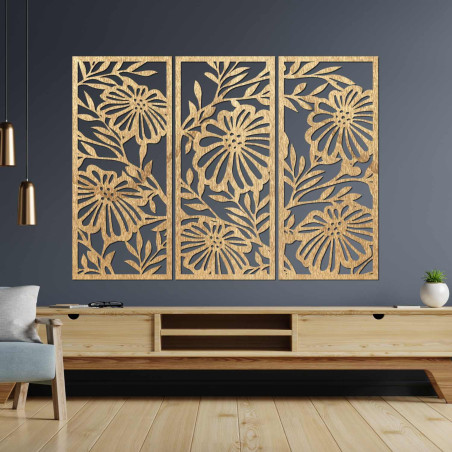 Wooden flower painting in three parts - elegant wall decoration for a modern interior.
