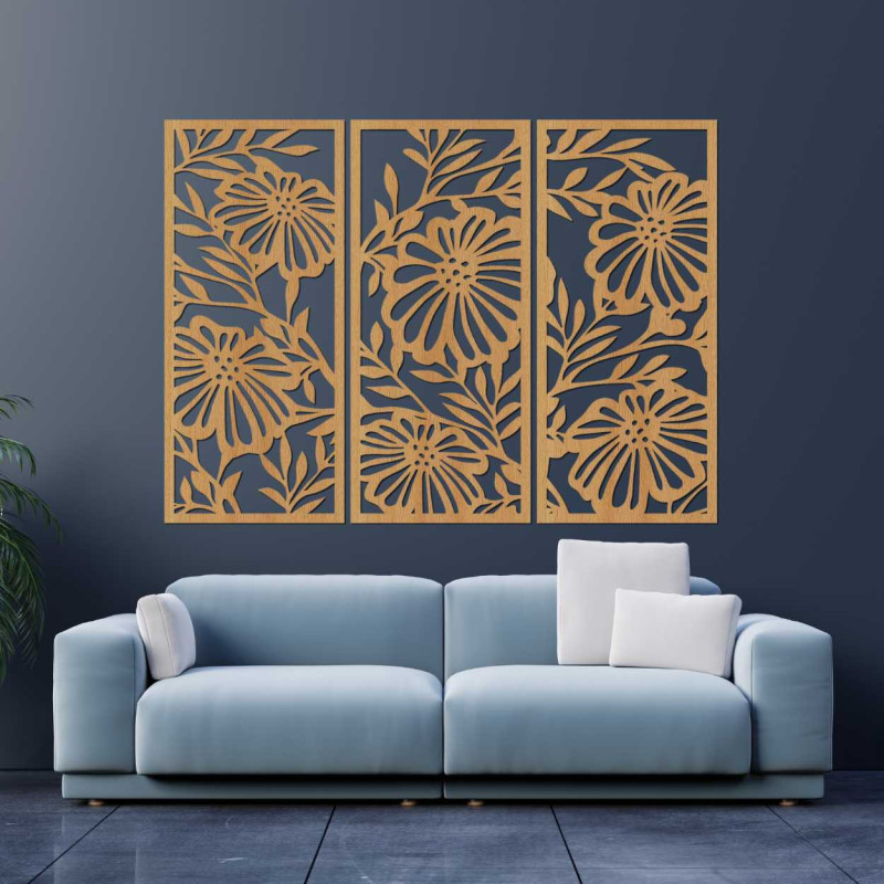 Modern three-piece painting with a floral pattern - a stylish addition to the living room.