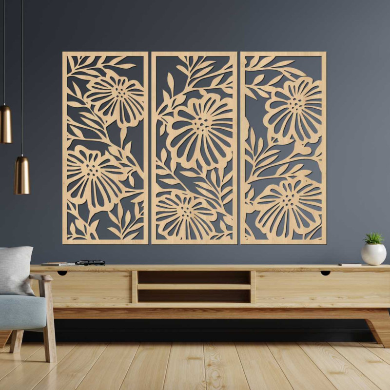 Modern three-piece painting with a floral pattern - a stylish addition to the living room.
