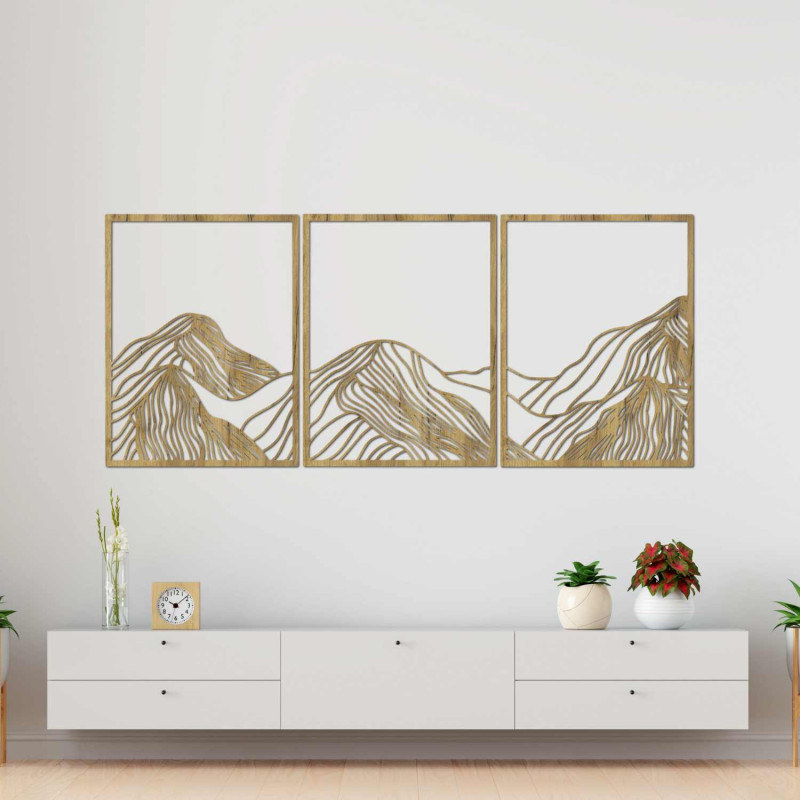 This beautiful three-piece wooden painting captures the beauty of nature in a minimalist yet sophisticated style.