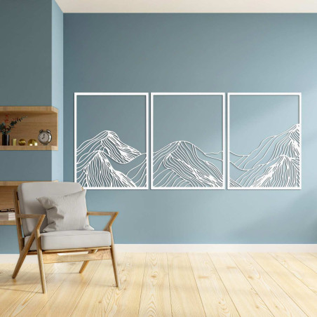 Wooden mountain painting in three parts - minimalist interior decoration