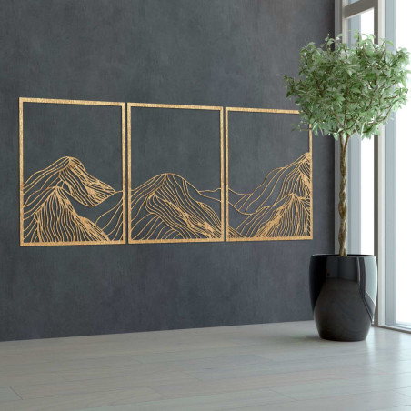Wooden mountain painting in three parts - minimalist interior decoration