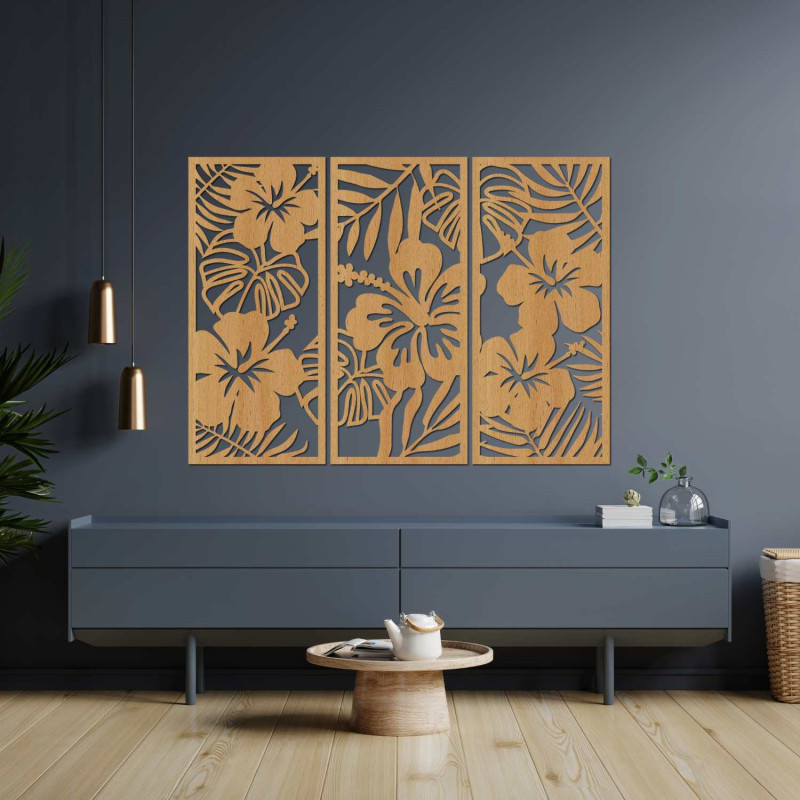Luxury set of 3 paintings: Tropical nature in oak