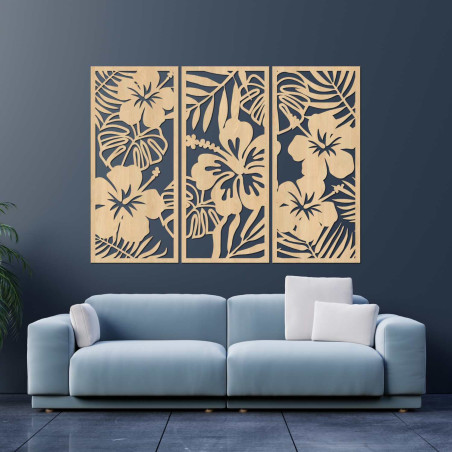 Luxury set of 3 paintings: Tropical nature in oak
