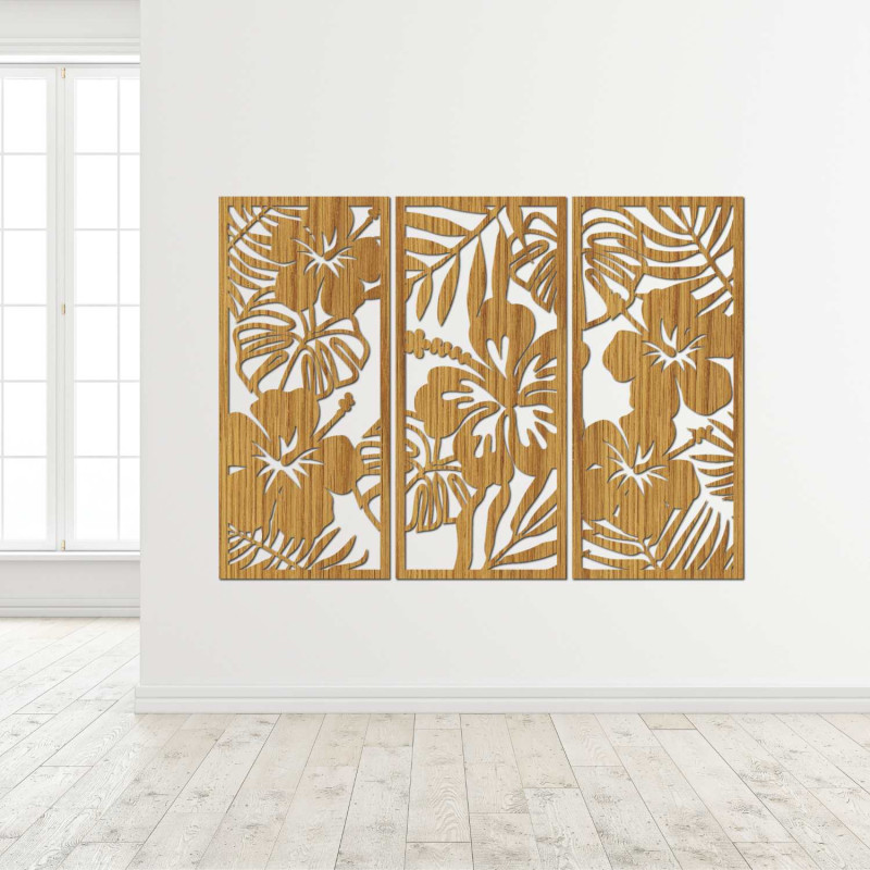 Luxury set of 3 paintings: Tropical nature in oak