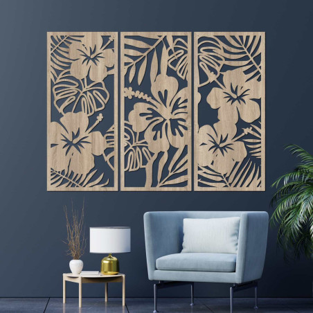 Luxury set of 3 paintings: Tropical nature in oak