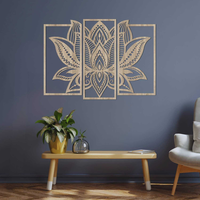 Three-part lotus painting - designer wooden wall decoration